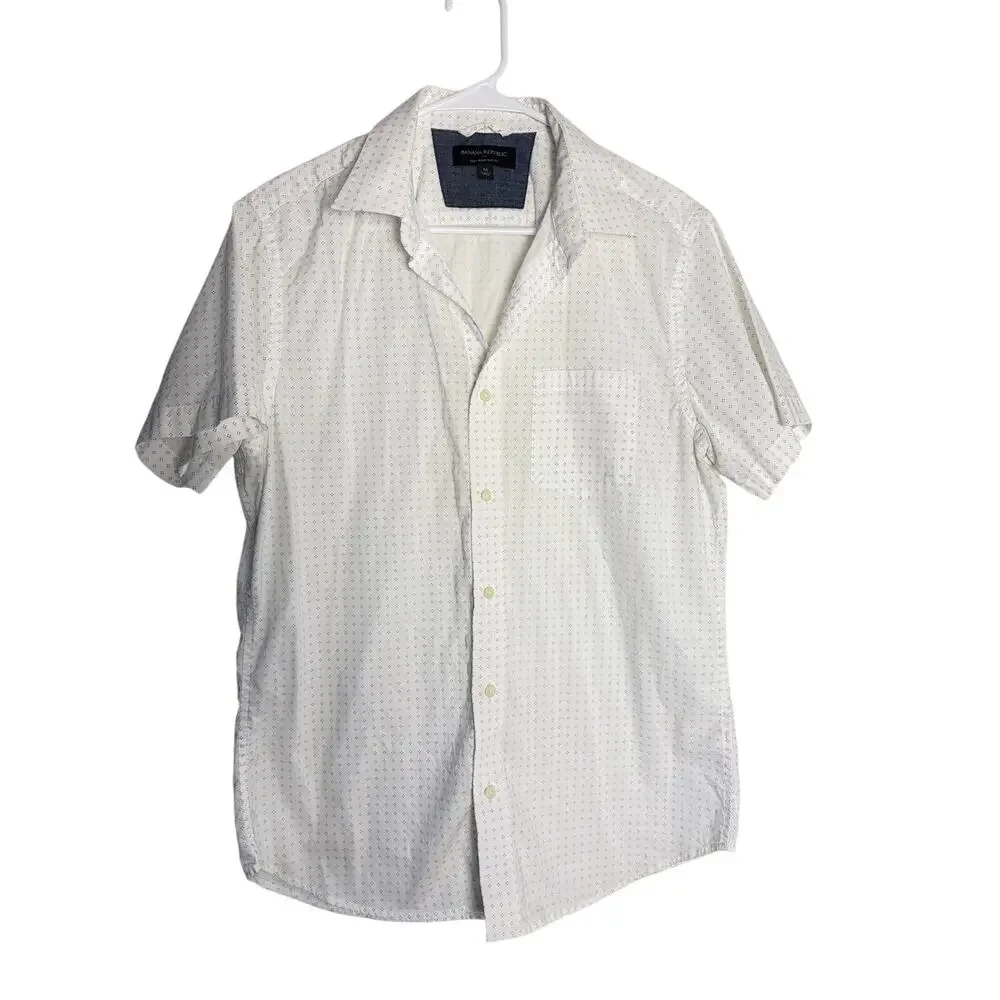 Banana Republic Men Short Sleeve Shirt White Dot Medium M Soft Wash Slim